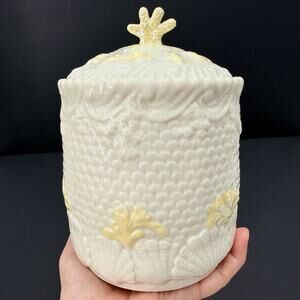 Vintage Belleek Pottery Ireland Shell Coral Biscuit Jar Canister Coastal Decor
